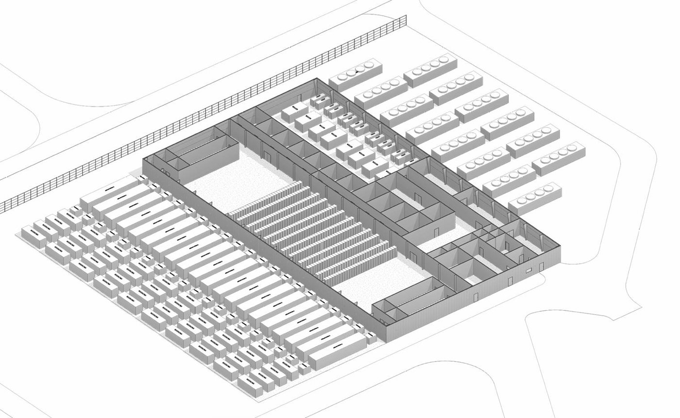 Schematic cutaway of a Minder - Phase&nbsp;1 data center building showing the data hall, chiller room, and adiabatic dry-cooler yard