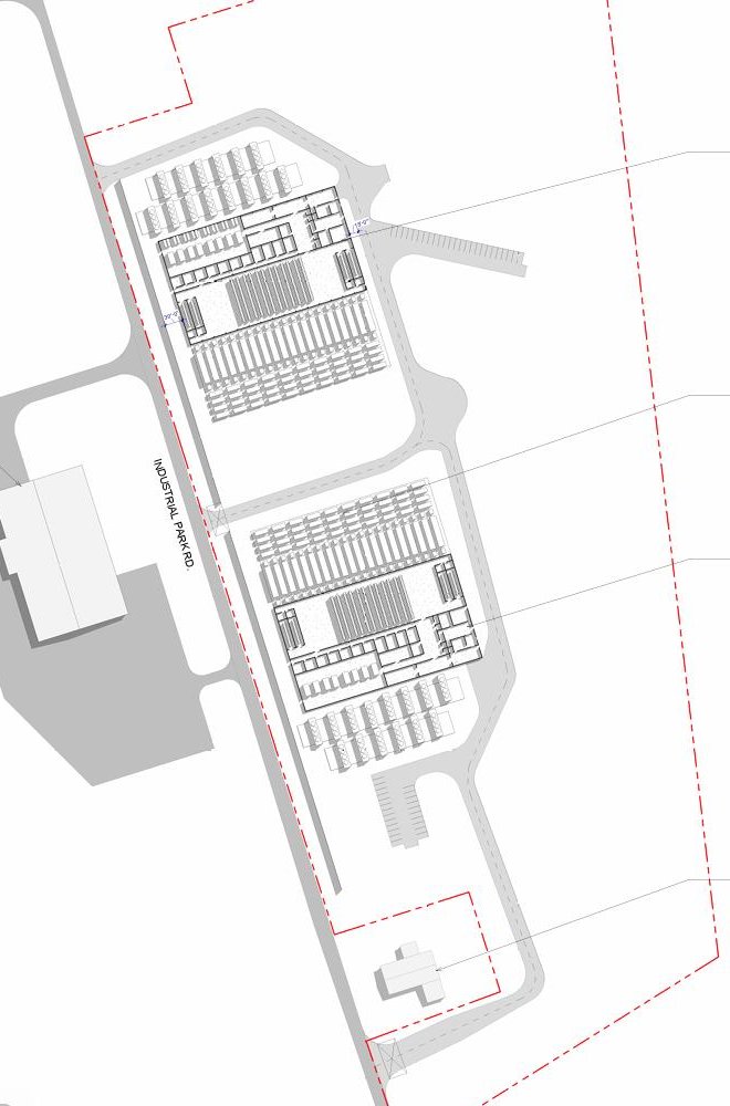Campus site plan showing Buildings 1 and 2 along Industrial Park Road